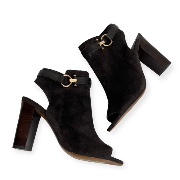 COACH LaFayette Brown Suede Leather Peep-Toe Ankle-Wrap Heeled Bootie Size 6.5 - Picture 1 of 16